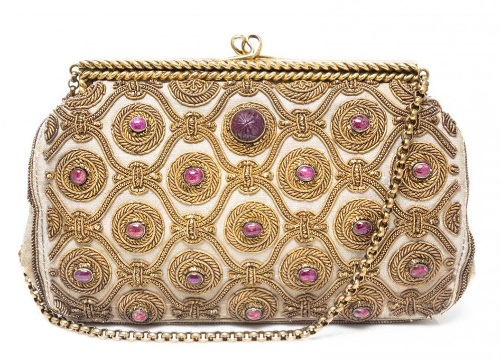 An Embroidered Silver Gilt and Ruby Purse